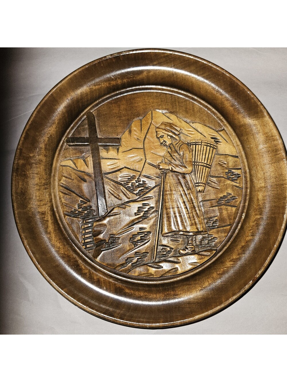 Vintage Hand Carved Wood Wall Plate Gazelle Mark European Folk Art Religious Cro